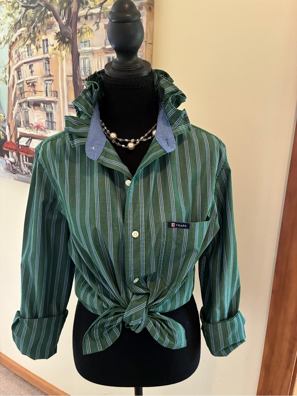 Chaps Green and White Striped Button-Front Shirt